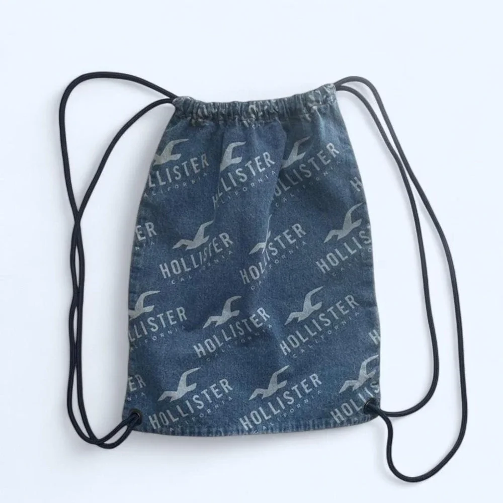 Hollister blue denim‎ drawstring logo bag